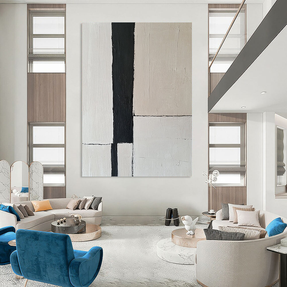Contemporary abstract artwork features an off-white wall with a striking black vertical stripe, embodying the essence of minimalism through simple lines. DLZ1318