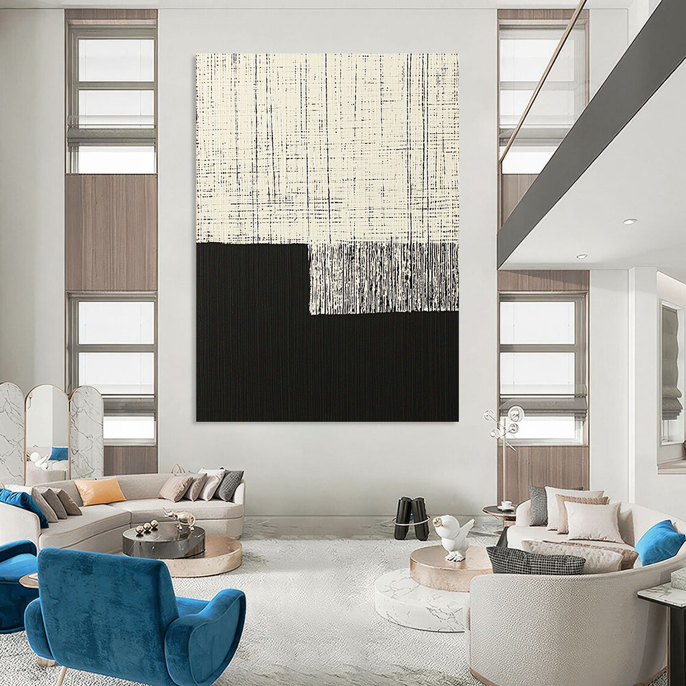 Contemporary hand-painted abstract art featuring minimalist black and white vertical lines on a dark background with a floating cloth element. DLZ1605