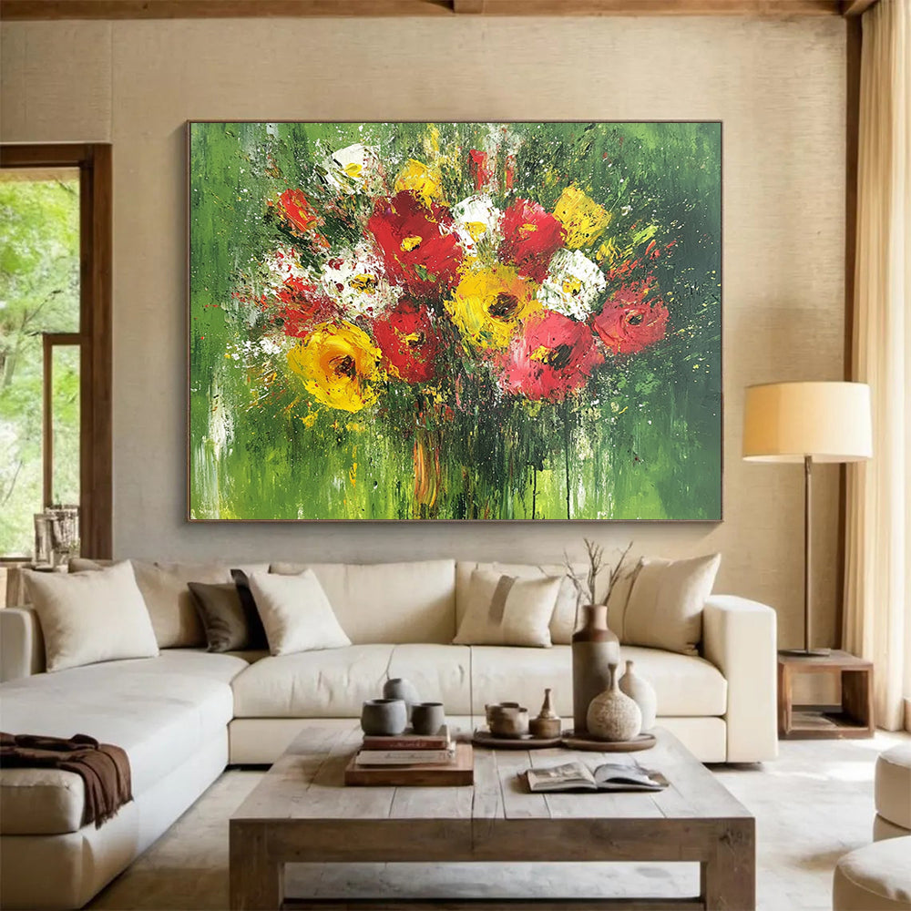 Impasto Flower Bouquet on Green - Vibrant Still - Life Oil Painting On Canvas HB0476