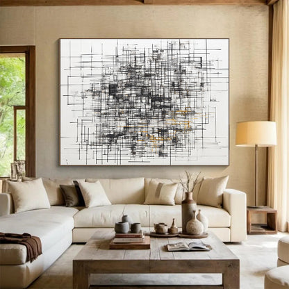 Black, White, Gray, Gold, Grid of Lines "Gilded Matrix" Abstract Minimalist Painting On Canvas HB125