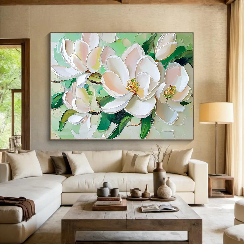 “Pastel Magnolias on Green” - White, Pink, Green, Pastel - colored magnolias on green - Impasto Oil Painting HB1788