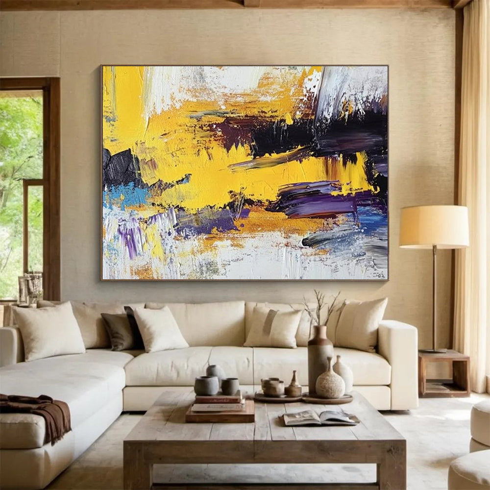 Yellow, Purple, Blue and White Abstract Splashes "Vibrant Energy" Painting On Canvas HB0406