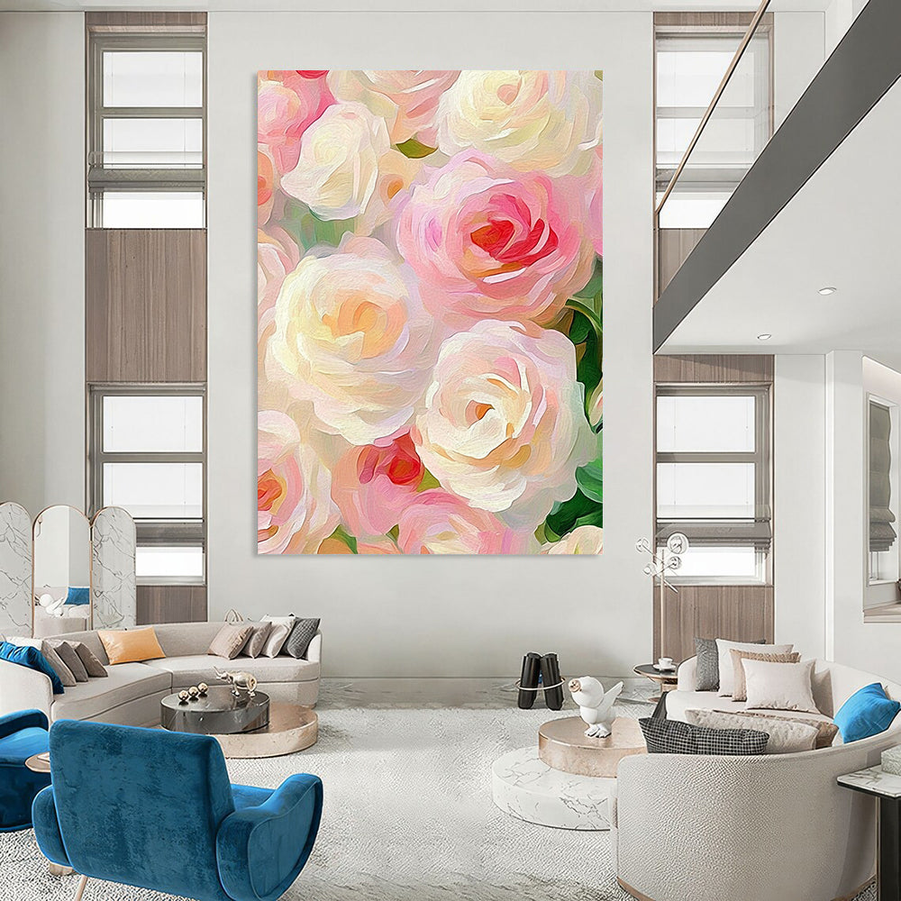 Contemporary hand-painted abstract artwork featuring soft pink and cream roses in an impressionist style, elegantly capturing romance against a muted pastel background. DLZ1203