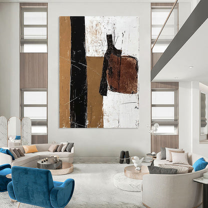 Large contemporary abstract painting featuring a vertical line of acrylic paint and earthy tones with details of an old leather saddle. DLZ1032