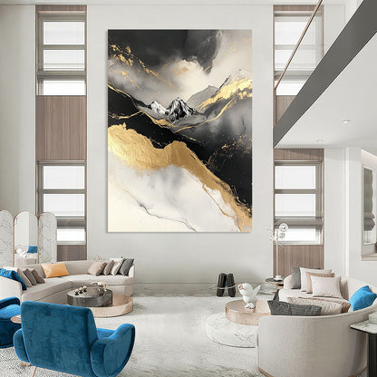 Contemporary abstract painting featuring a snowy mountain design with black and gold marble texture and grey accents on a white background. DLZ0272