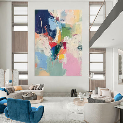 Large contemporary hand-painted abstract artwork featuring soft brushstrokes light colors thick paint and striking contrasts creating a chaotic atmospheric composition. DLZ0767