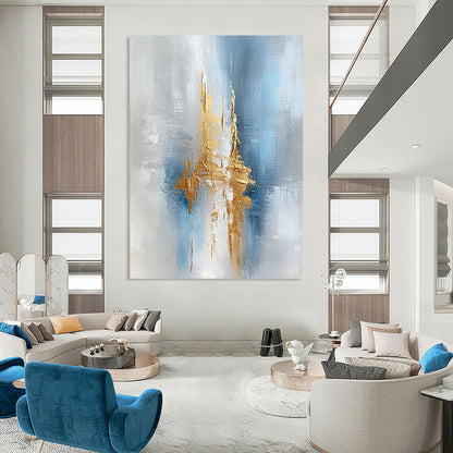Large contemporary hand-painted abstract artwork featuring a textured light gray and white background with intricate blue and gold accents. DLZ0328