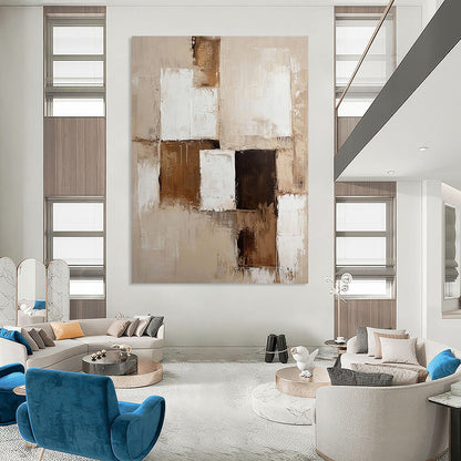 Contemporary abstract painting with beige and white tones and brown accents on textured canvas creates a perfect neutral wall accent. DLZ0289