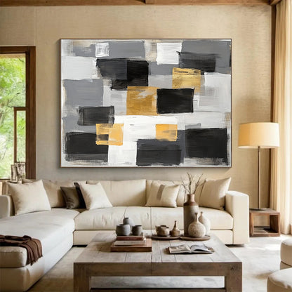 Gray, Black, Gold and White Abstract Blocks "Elegant Blocks" Painting On Canvas HB346