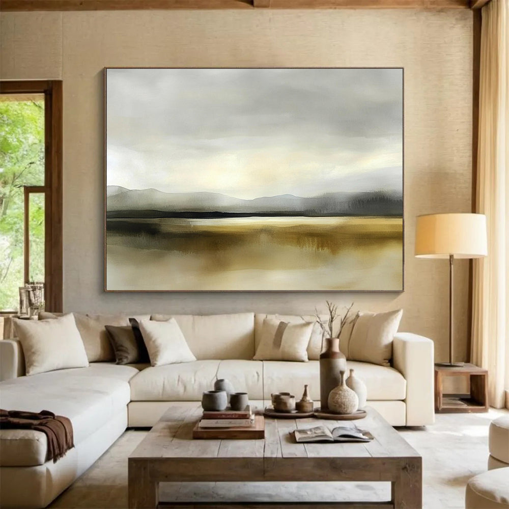“Misty Mountain Lake” - Gray, Beige, Hazy Peaks and Reflective Water Painting On Canvas HB0927