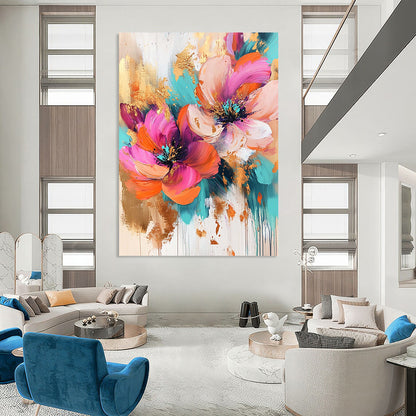 Contemporary abstract artwork featuring vibrant pink, orange, and turquoise flowers enhanced with gold leaf splashes, ideal for modern decor. DLZ1263