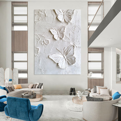 Contemporary abstract artwork featuring white butterflies on a textured plaster wall, enhanced high-definition texture detail for a striking visual impact. DLZ1739