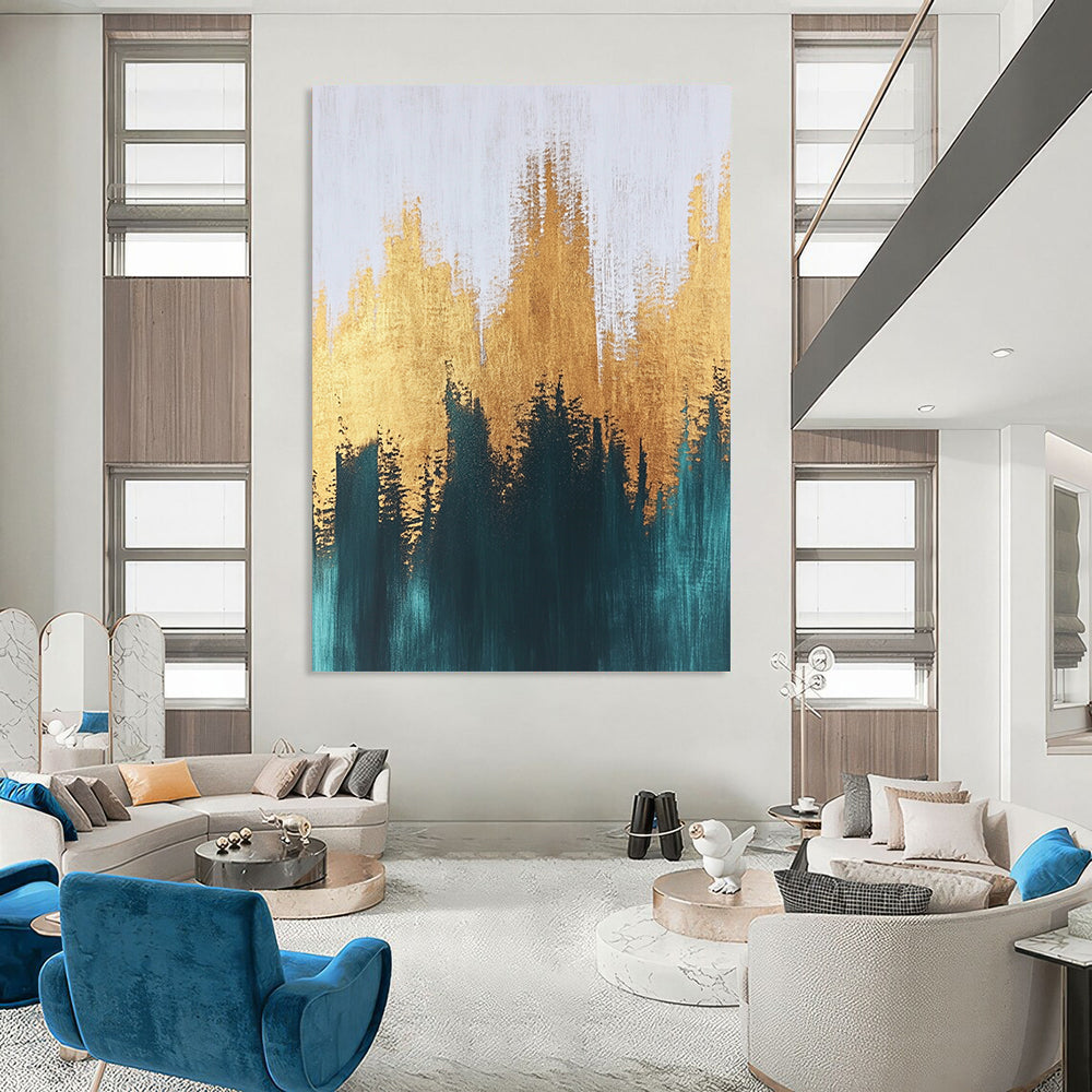 Contemporary abstract painting with textured brush strokes featuring gold and teal hues creating a serene and balanced composition on a large canvas. DLZ0388
