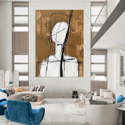 Contemporary abstract artwork featuring a simple white figure with black lines and a warm brown background inspired by Jean Cocteau's style. DLZ1463