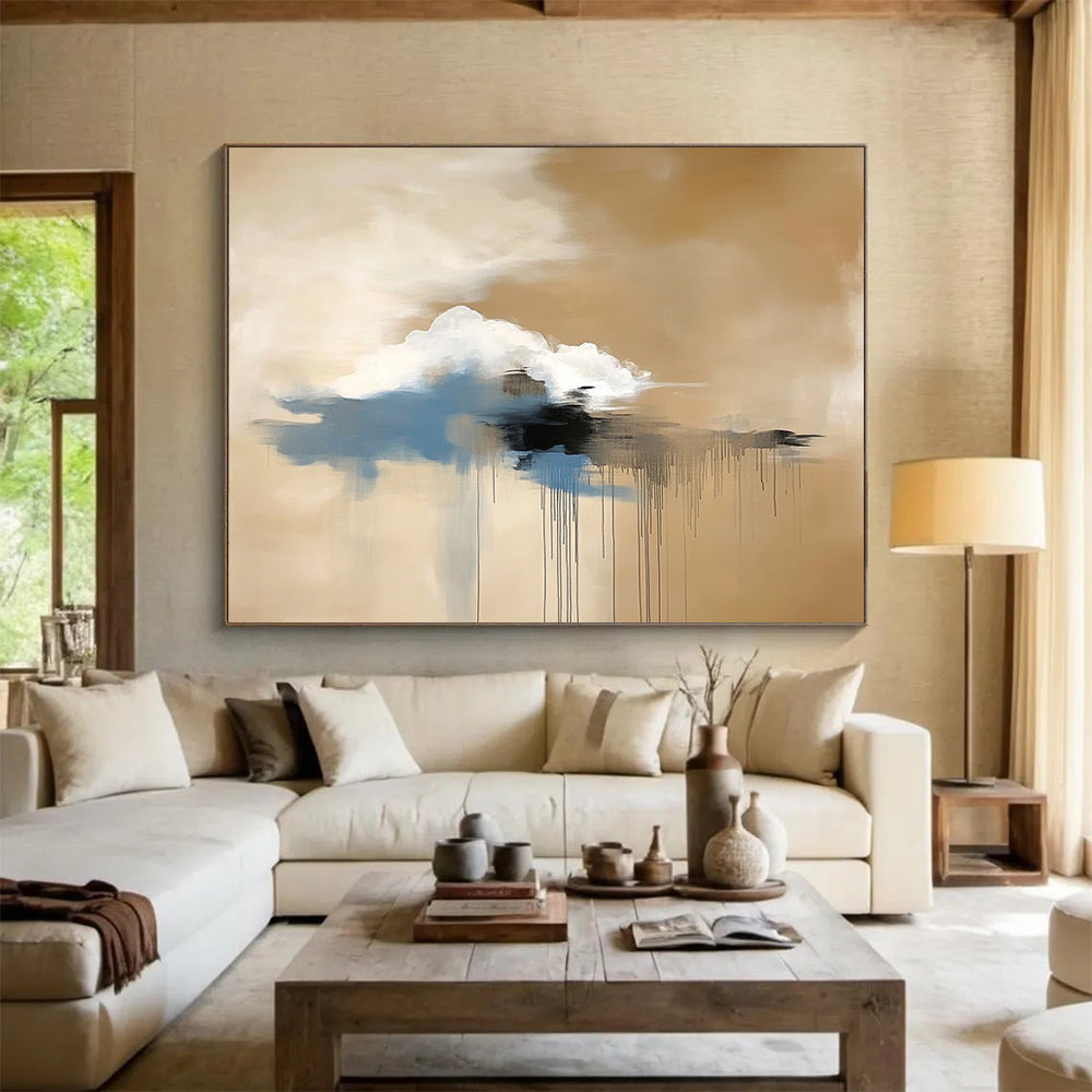 “Floating Cloud Dreamscape” - Beige, White, Blue, Black, Abstract Cloud - like Forms with Drips Painting On Canvas HB1082