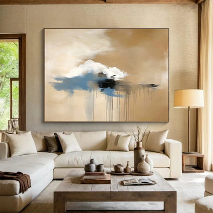 “Floating Cloud Dreamscape” - Beige, White, Blue, Black, Abstract Cloud - like Forms with Drips Painting On Canvas HB1082