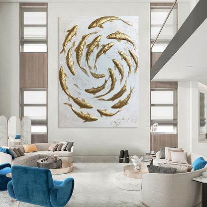 Contemporary hand-painted abstract art featuring swirling gold koi fish on a minimalist white canvas capturing dynamic movement and intricate details. DLZ1475
