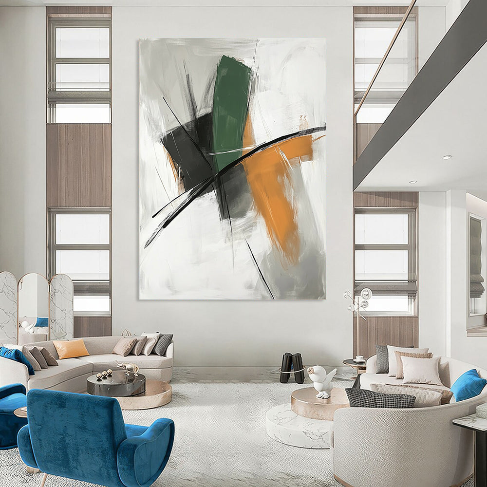 Large contemporary hand-painted abstract art with a white background and serene shapes featuring green lines, orange tones, black accents, and calming colors. DLZ0928