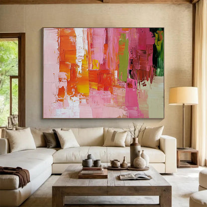 “Vibrant Urban Patchwork” - Pink, Orange, Yellow, Green, Abstract Cityscape - like Blocks Painting On Canvas HB1076