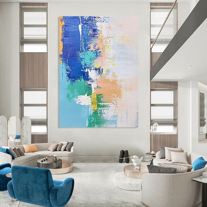 Contemporary hand-painted abstract artwork features soft pastel shades of blue and white with hints of green and beige, enhanced by dynamic brush strokes and mixed media. DLZ0657