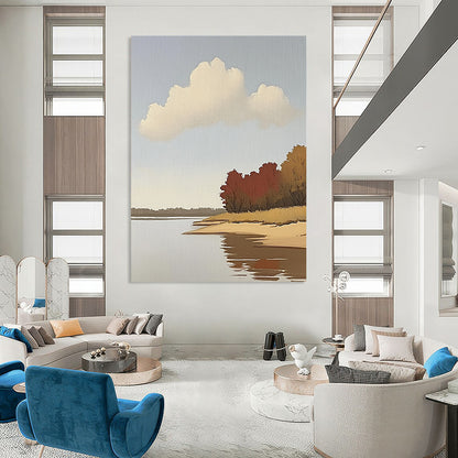 Contemporary hand-painted abstract art featuring a serene river, autumn trees, and light colors on a large canvas, showcasing clear brush strokes and minimalism. DLZ1098