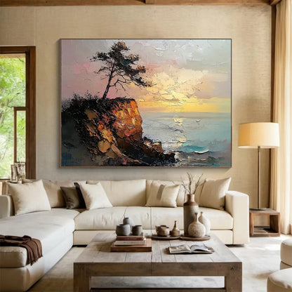 “Cliffside Tree at Sunset” - Textured Oranges, Pinks, Browns, Tree on Cliff by Sea - Impasto Oil Painting HB1693