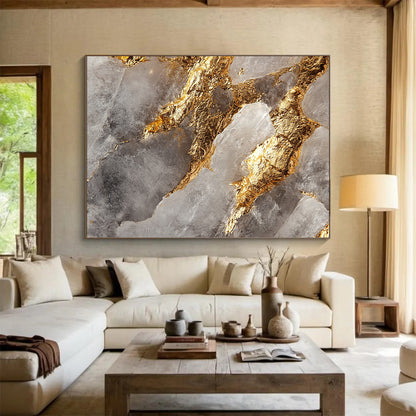 Clear Crystal, Gold Veins, Geometric Shapes "Elegant Fusion" Abstract Geode - Inspired Painting On Canvas HB041