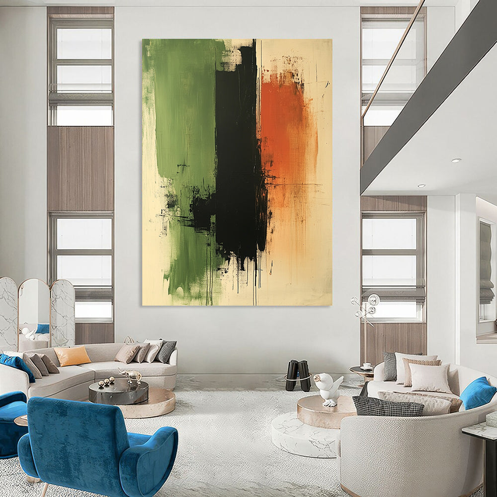 Contemporary abstract artwork featuring calming green black and brown tones oil on paper with canvas texture ideal for meditative spaces DLZ1328