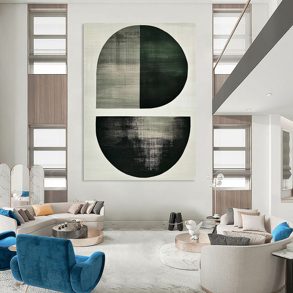 Contemporary abstract art featuring minimalist Japandi style with large green and grey shapes a central oval and umber half-circle on a white background. DLZ1617