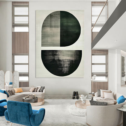 Contemporary abstract art featuring minimalist Japandi style with large green and grey shapes a central oval and umber half-circle on a white background. DLZ1617