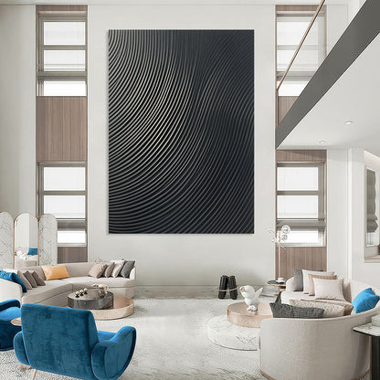 Contemporary abstract wall art features a glossy dark gray surface with sleek vertical lines creating an eye-catching wave pattern for any modern space. DLZ1149