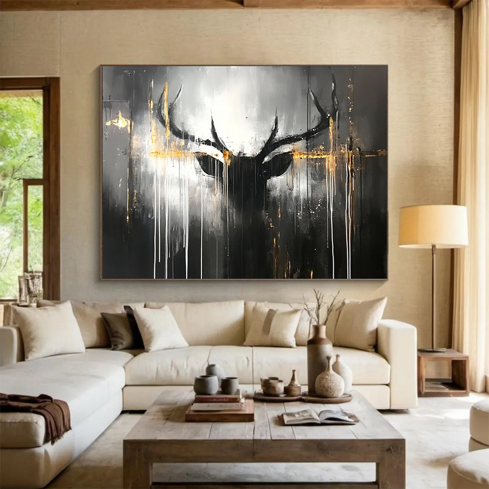 “Mystic Stag” - Dark grays, blacks, striking golds; Abstract stag head, dripping lines; Contemporary Animal Painting On Canvas HB1152