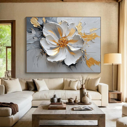 “Textured Floral Elegance” - Gray, White, Gold, 3D - like Abstract Flower Painting On Canvas HB1083