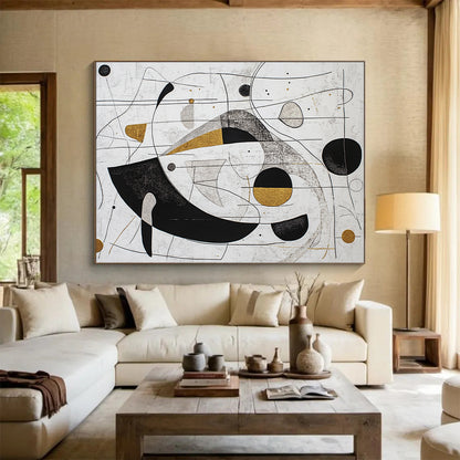 White, Black, Gold, Silver, Geometric Swirls "Gilded Geometry" Abstract Modernist Painting On Canvas HB089