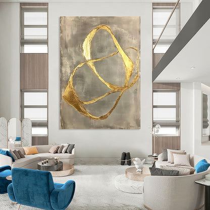 Contemporary abstract art featuring gold leaf-shaped lines on a gray background, showcasing organic forms and minimalist fluidity in a striking hand-painted design. DLZ1578