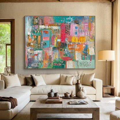 Colorful Urban Mosaic Collage – Mixed - Media Abstract Cityscape Painting HB1473