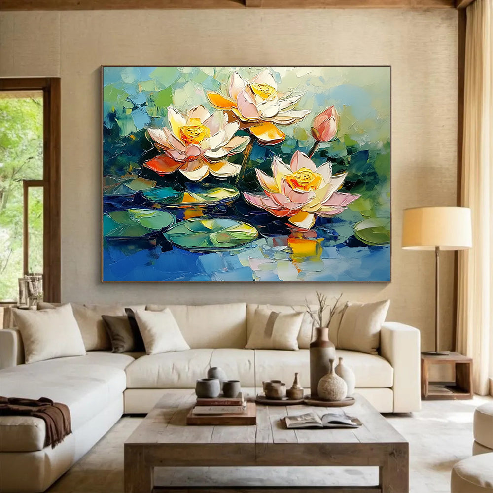 “Impasto Lotus Blossoms” - Pink, White, Yellow, Green, Blue, Thick - textured Lotus Flowers on Water - Impasto Oil Painting HB1766