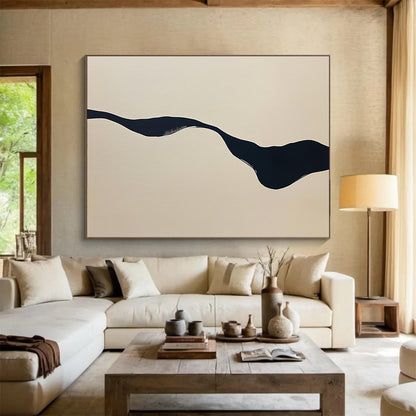 “Irregular Black Stream on Beige” - Black, Beige, Wavy Irregular Form - Abstract Acrylic Painting HB1667