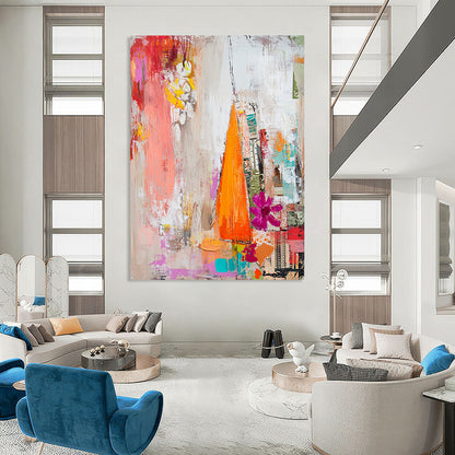 Contemporary abstract painting featuring textured brushstrokes of white reds pinks oranges and yellows with a dreamy collage of floral magazine clippings. DLZ1274
