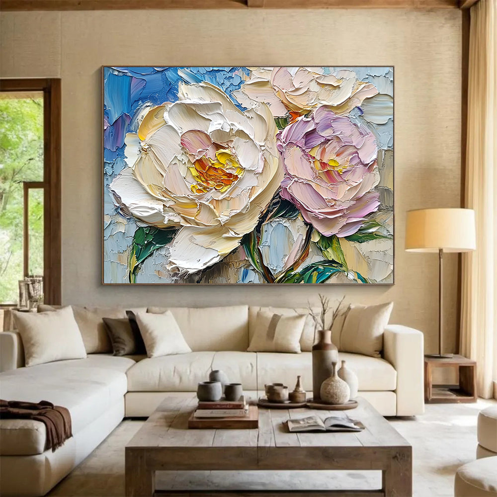 “Pastel Peony Pair” - Creamy Whites, Soft Pinks, Blues, Intricate Peony Blooms - Textured Oil Painting HB1717