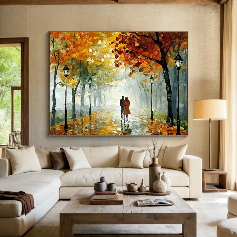 “Autumn Stroll” - Orange, Yellow, Green, Couple Walking Under Trees - Impasto Oil Painting HB1704