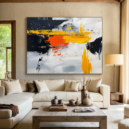 “Vibrant Yellow - Orange - Black Abstract” - Yellow, Orange, Black, Gray, White, Bold Strokes Painting On Canvas HB0812