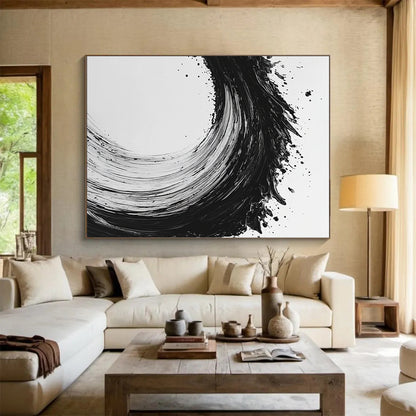 Black and White Dynamic Wave "Energetic Surge" Painting On Canvas HB282
