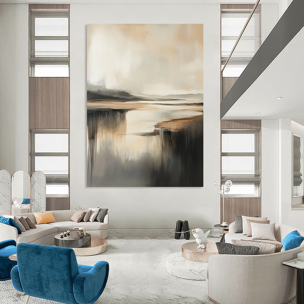 Contemporary abstract painting featuring a misty coastal landscape in neutral tones with rich texture and depth and gentle shadows. DLZ0472