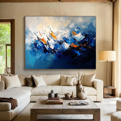 “Blue - Orange Abstract Wave Motion” - Blue, Orange, White, Dynamic Wave Shapes Painting On Canvas HB0830