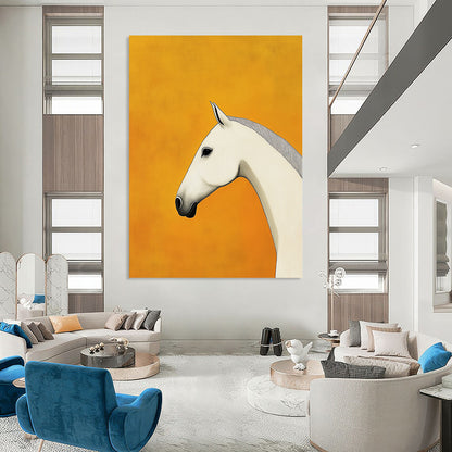 Contemporary hand-painted abstract art featuring a minimalist white horse design on a tranquil yellow background with clean lines and high-definition details. DLZ1513