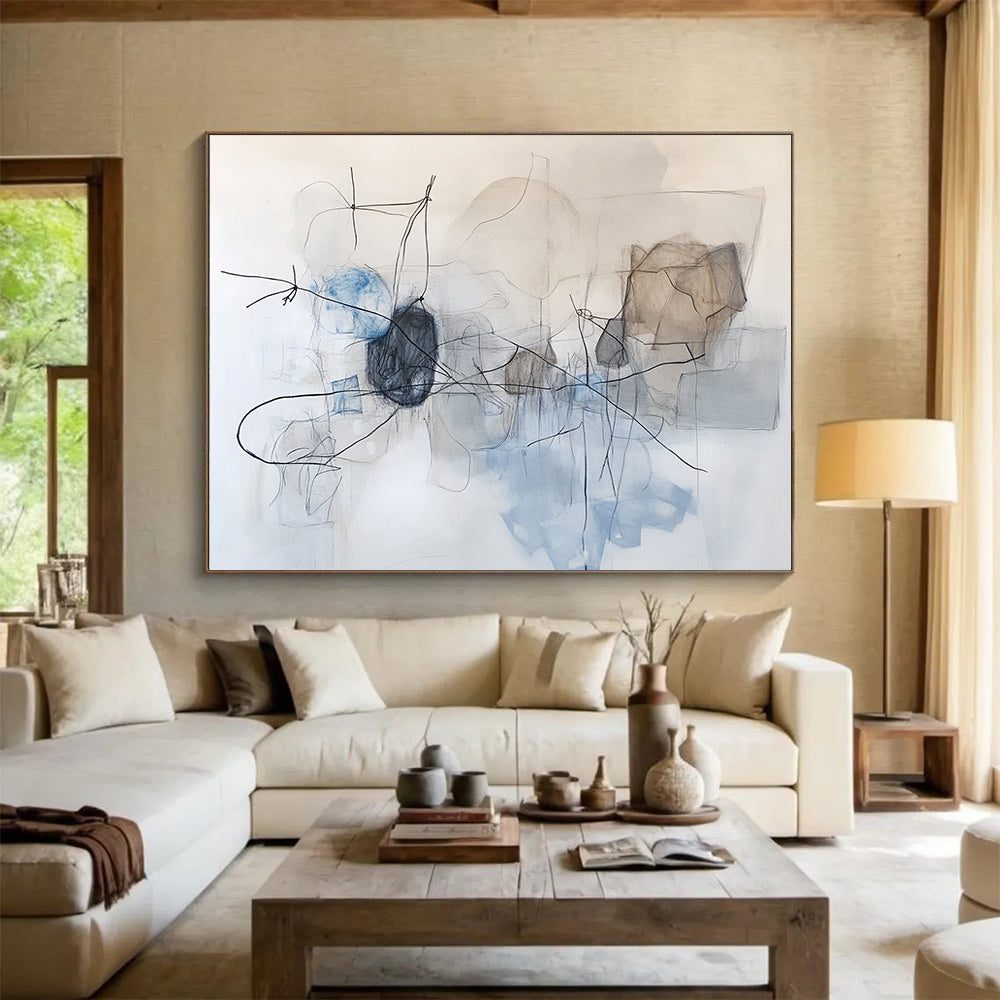 “Linear Abstract in Blue Gray” - Blue, Gray, Black with Dynamic Lines - Painting On Canvas HB1366