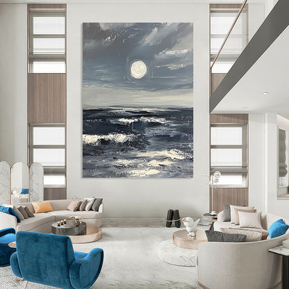 Large contemporary abstract artwork featuring a minimalist moonrise over a stormy ocean in gray and white with thick impasto brush strokes. DLZ1110