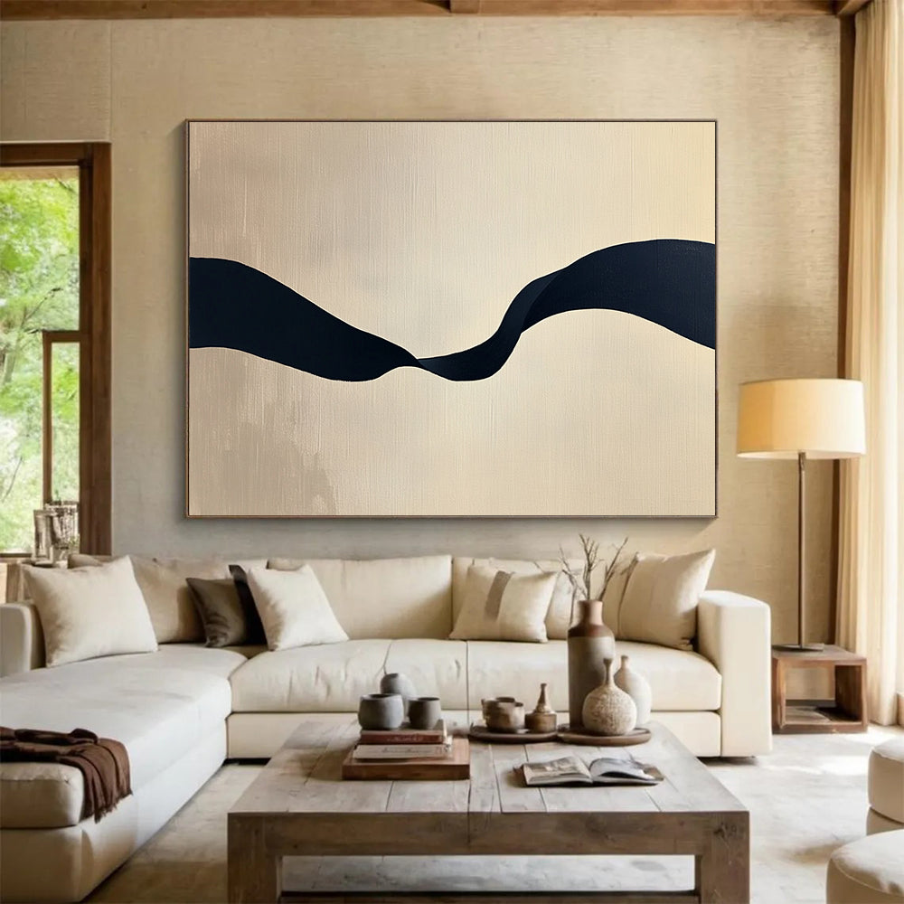 “Black Ribbon on Beige” - Black, Beige, Curved Ribbon Shape - Minimalist Acrylic Painting HB1666