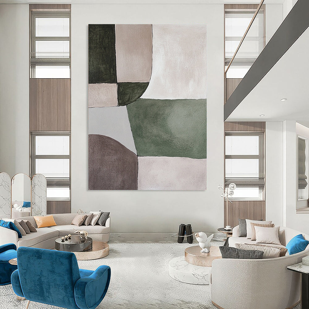 Contemporary abstract painting featuring serene green and grey shapes on a soothing beige background, perfect for minimalistic decor. DLZ0881